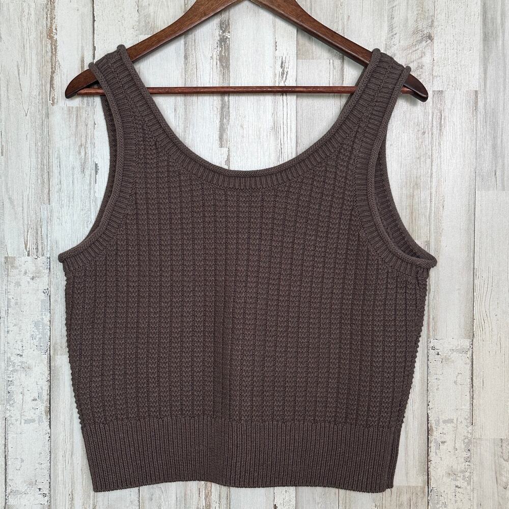 Quince 100 Organic Cotton Waffle Stitch Sweater Tank XL Brown EUC Crop Stretch - Picture 3 of 9